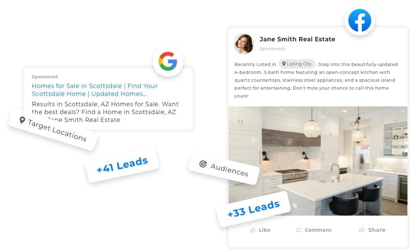 Targeted Facebook and Google ads integrated with Wise Agent CRM for real estate lead generation