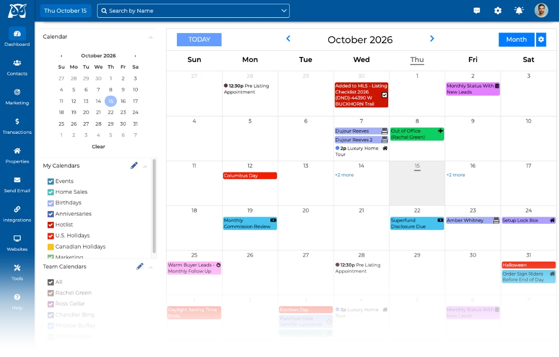 Wise Agent monthly calendar with appointments, event types and team calendars