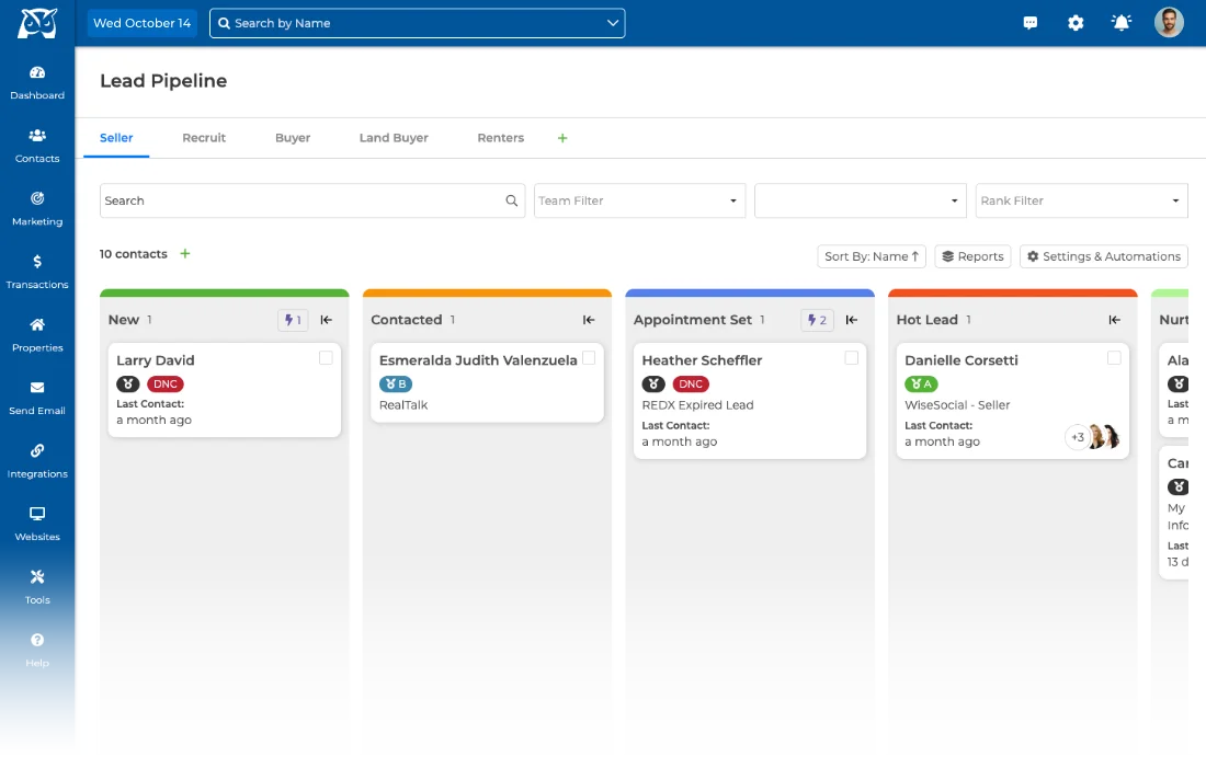 Wise Agent lead pipeline, with contacts organized in stage columns such as New, Contacted and Appointment Set