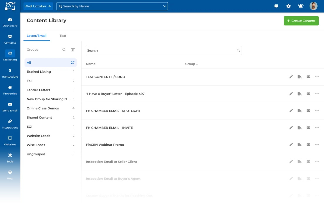 Wise Agent Content Library listing letter and email templates, organized into groups